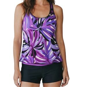ZeroXposur XXL Tankini Set Purple Pink Leaf Print Swim Shorts Set